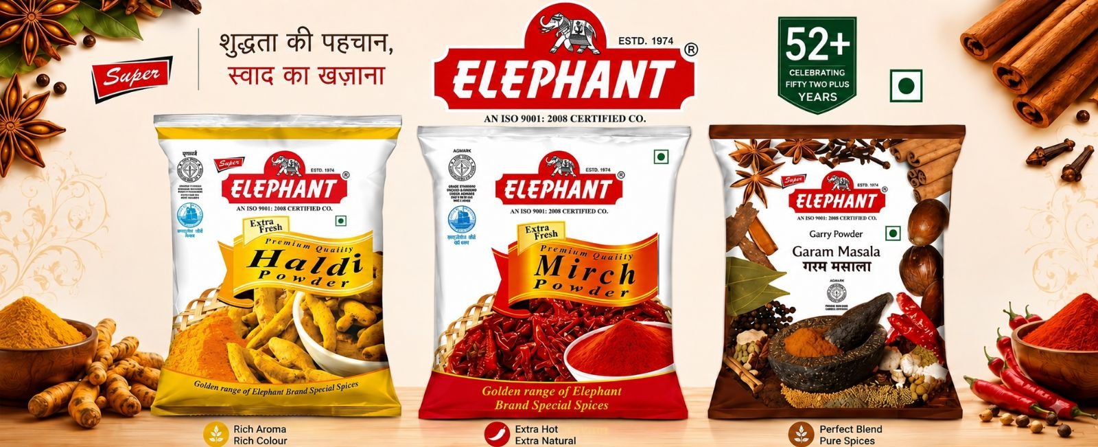 Elephant Spices product range — turmeric, mirch and garam masala